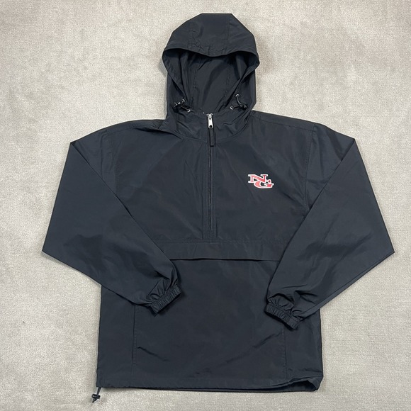 Champion Windbreaker Mens Small Black Half Zip Hooded Packable Jacket NG Logo — photo 2